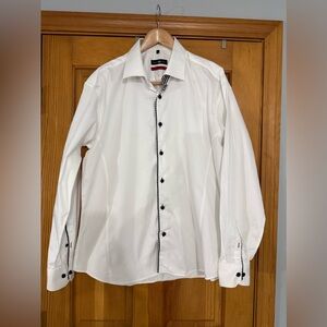 Stone Rose White Button‎ Up Shirt Men 6/2XL Check Trim Contrast Cuff Stretch